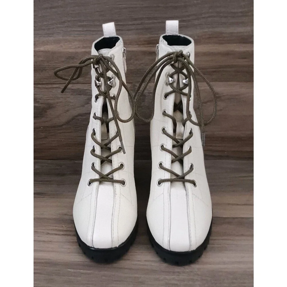 New PAIGE Christie Ivory Pebbled Leather Lace Up Combat Boot Block Heel Sz 6